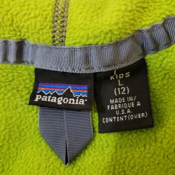 PATAGONIA Lime Green Pullover 1/4 Zip Hooded Fleece size Kids L - Picture 5 of 7